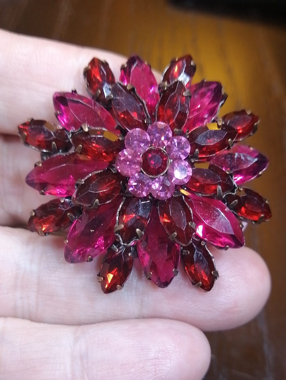 Pink & Red Rhinestones Flower Vintage Mid Century Brooch